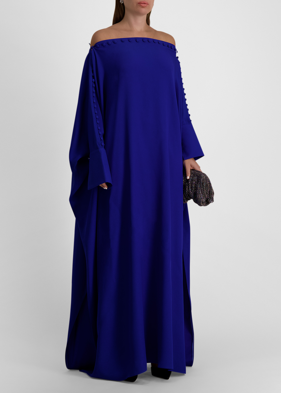 Mila blue off-the-shoulder crepe kaftan