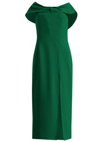 Antique green off-the-shoulder crepe midi dress