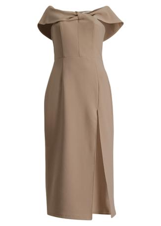 Antique beige off-the-shoulder crepe midi dress
