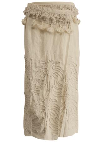 Tansania sun off-white embroidered linen midi wrap skirt